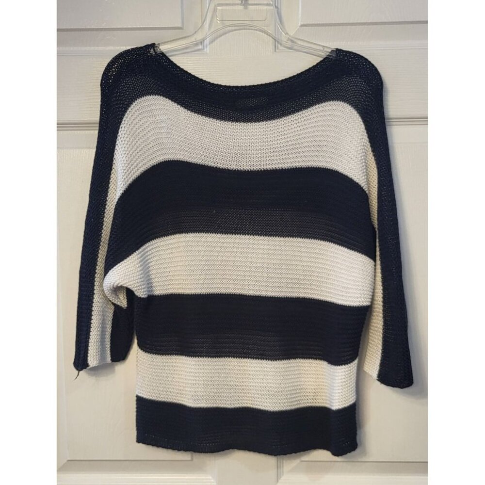 Carina Ricci Navy/White Striped Open Knit Dolman Sleeve Sweater Medium Nautical